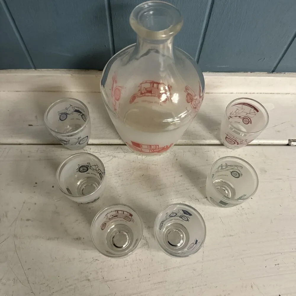 Vtg CAR Decanter Multi Color 6 Shot Glass Set Service‎ Liqueur Luminarc France